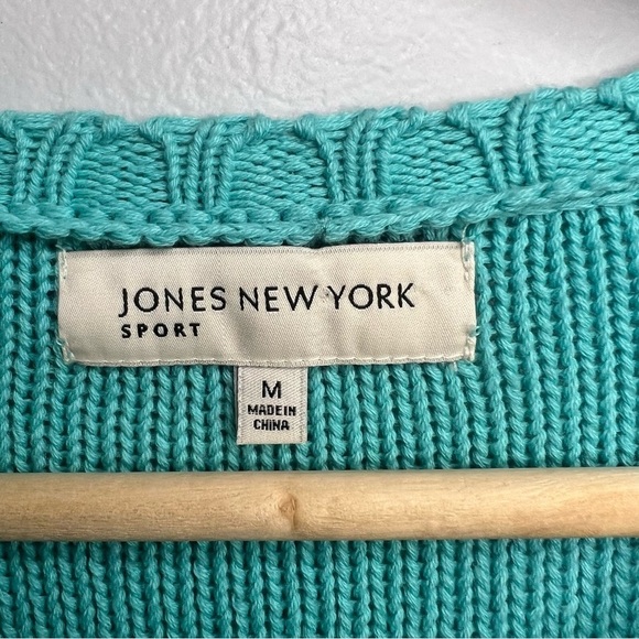 JNY Open Front Buttons Cable Knit Cardigan Teal Sz M Cotton Cottagecore Pocket - Picture 2 of 15